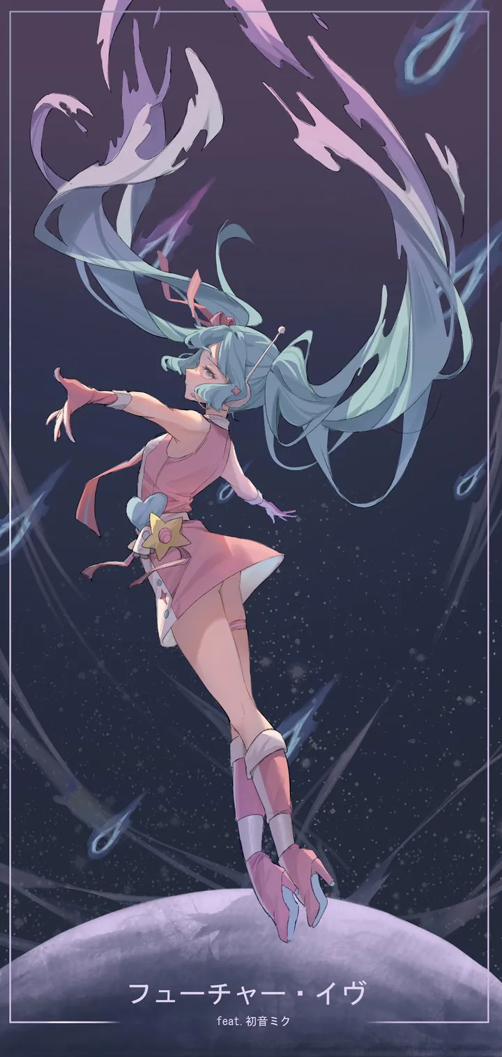 1girl,detached_sleeves,outstretched_arms,full_body,solo,knee_boots,closed_eyes,twintails,earth_planet,thigh_strap,hair_ornament,space,very_long_hair,gloves,sleeveless,sleeveless_dress,star_symbol,star_hair_ornament,star_sky,aqua_hair,floating,vertical,smile,pink_gloves,pink_dress,pink_footwear,blue_hair,planet,border,short_dress,dress,long_hair,boots,floating_hair,high_heels