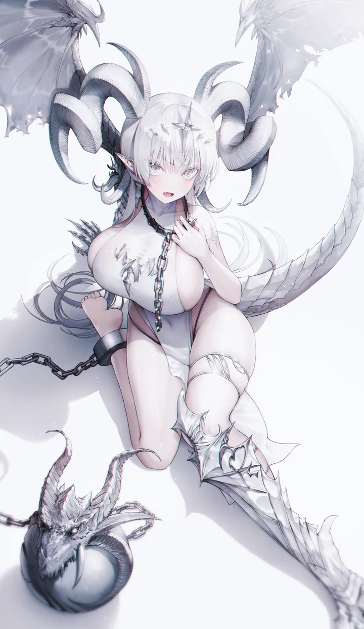 1girl,breasts,sideboob,bangs,solo,sitting,thighs,pointy_ears,tail,open_mouth,very_long_hair,hand_up,pelvic_curtain,simple_background,grey_eyes,slit_pupils,ball_and_chain_restraint,white_theme,white_hair,white_eyes,white_background,white_dress,looking_at_viewer,vertical,wings,blush,skindentation,barefoot,horns,large_breasts,dress,cuffs,chain,long_hair,covered_navel,bare_shoulders,collar,dragon,dragon_girl,dragon_tail,dragon_wings,dragon_horns