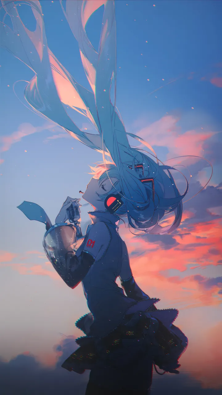 1girl,cowboy_shot,wind_lift,detached_sleeves,cloud,from_side,profile,see-through,see-through_sleeves,solo,closed_eyes,twintails,cloudy_sky,sky,hair_ornament,headphones,headset,very_long_hair,outdoors,holding,sleeveless,sleeveless_shirt,sunset,aqua_hair,gradient_sky,grey_shirt,pleated_skirt,skirt,vertical,standing,tattoo,zettai_ryouiki,shoulder_tattoo,blue_sky,blue_hair,shirt,thighhighs,miniskirt,backlighting,long_hair,bare_shoulders,necktie,wind,floating_hair,microphone,black_skirt,black_thighhighs