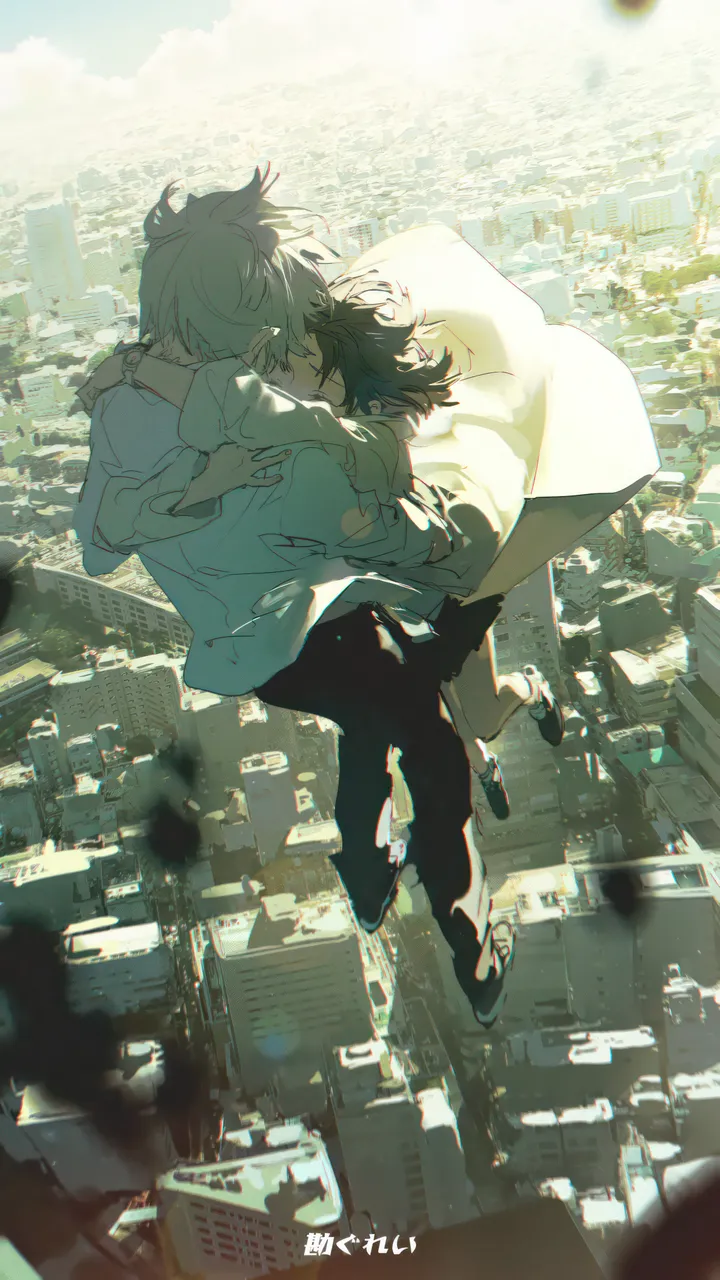 1girl,1boy,2boys,falling,cloud,from_above,closed_eyes,city,cityscape,multiple_boys,sky,building,outdoors,hug,brown_hair,blurry,male_focus,day,white_hair,white_shirt,short_hair,vertical,shirt,pants,midair,long_sleeves,shoes,black_hair,black_pants,black_footwear