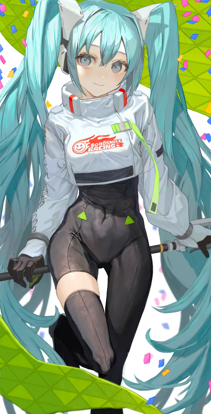 1girl,crop_top_overhang,breasts,bangs,solo,single_thighhigh,twintails,closed_mouth,jacket,confetti,hair_between_eyes,very_long_hair,gloves,holding_flag,holding,flag,aqua_hair,aqua_eyes,flame_print,white_jacket,looking_at_viewer,cropped_jacket,vertical,smile,smiley_face,blue_hair,blue_eyes,race_queen,thighhighs,bodysuit,pole,long_hair,long_sleeves,covered_navel,crop_top,black_gloves,black_thighhighs,black_bodysuit