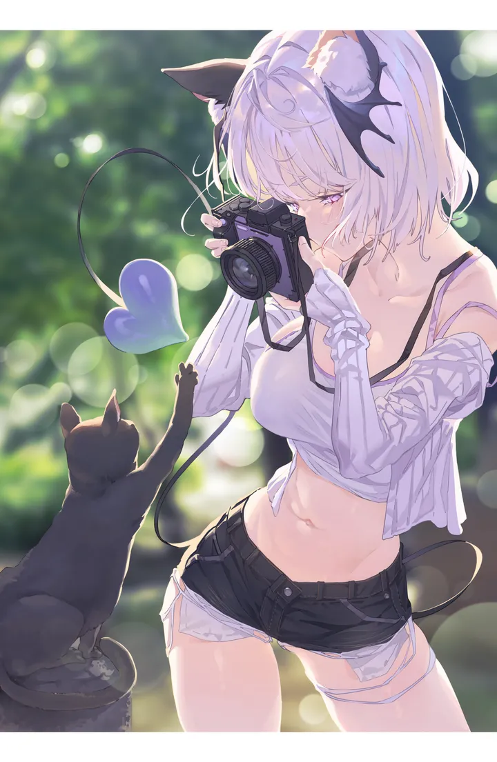 1girl,cowboy_shot,breasts,animal_ears,bangs,animal,solo,thighs,jacket,stomach,tail,demon_girl,demon_tail,outdoors,holding_camera,holding,depth_of_field,blurry,blurry_background,cutoffs,camera,cat,cat_ears,white_hair,white_jacket,white_shirt,short_hair,shorts,torn_shorts,torn_clothes,vertical,standing,short_shorts,purple_eyes,animal_ear_fluff,navel,blush,shirt,open_jacket,open_clothes,large_breasts,collarbone,long_sleeves,midriff,bare_shoulders,off_shoulder,crop_top,black_cat,black_shorts