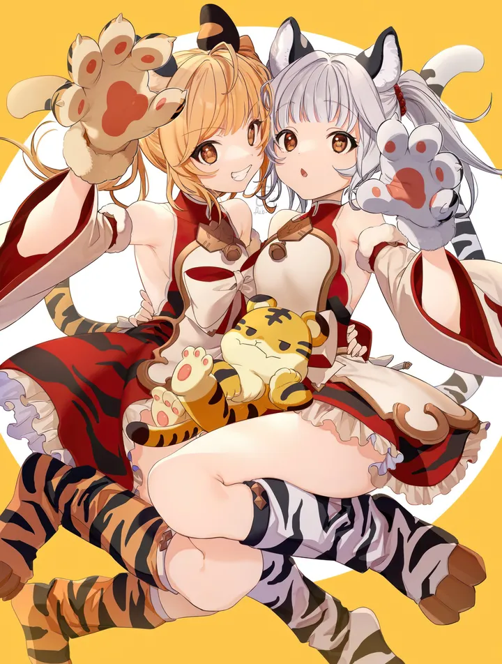 2girls,detached_sleeves,breasts,paw_gloves,paw_shoes,animal_ears,erune,bangs,animal_print,animal_hands,twins,two-tone_background,twintails,multiple_girls,siblings,sisters,wide_sleeves,tail,open_mouth,gloves,sleeveless,sleeveless_dress,brown_eyes,grey_hair,teeth,looking_at_viewer,vertical,smile,red_dress,tiger,frills,frilled_dress,tiger_girl,tiger_tail,tiger_print,tiger_ears,small_breasts,dress,blonde_hair,bare_shoulders,grin