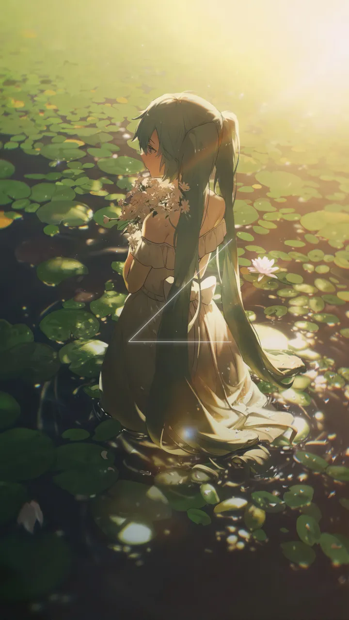 1girl,light_particles,solo,closed_eyes,twintails,very_long_hair,outdoors,holding,holding_flower,water,aqua_hair,wading,ripples,white_flower,white_dress,lily_pad,vertical,standing,from_behind,dress,backlighting,long_hair,sunlight,bare_shoulders,off_shoulder,off-shoulder_dress,flower