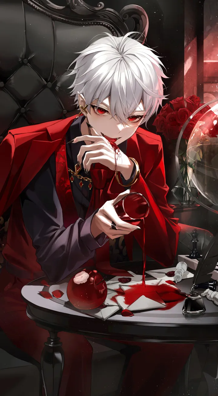 1boy,virtual_youtuber,light_particles,bangs,solo,feet_out_of_frame,tongue_out,vampire,globe,sitting,jacket,pointy_ears,indoors,sharp_fingernails,hair_between_eyes,open_mouth,holding,fingernails,collared_shirt,cup,table,chair,formal,fruit,grey_hair,rose,jewelry,jacket_on_shoulders,male_focus,white_hair,looking_at_viewer,short_hair,piercing,ear_piercing,vertical,smile,red_jacket,red_rose,red_eyes,red_flower,red_pants,wine_glass,earrings,vest,tongue,licking,petals,apple,fang,blood,shirt,pants,drinking_glass,long_fingernails,long_sleeves,necktie,food,flower,black_shirt