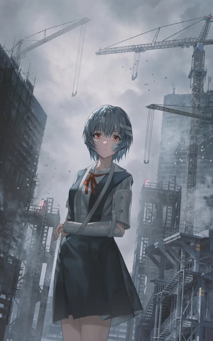 1girl,cowboy_shot,ribbon,cloud,bangs,solo,suspender_skirt,closed_mouth,city,cloudy_sky,sky,hair_between_eyes,building,outdoors,skyscraper,school_uniform,grey_sky,white_shirt,looking_at_viewer,short_hair,short_sleeves,skirt,vertical,standing,red_ribbon,red_eyes,bandaged_head,bandages,bandaged_arm,suspenders,blue_hair,shirt,neck_ribbon