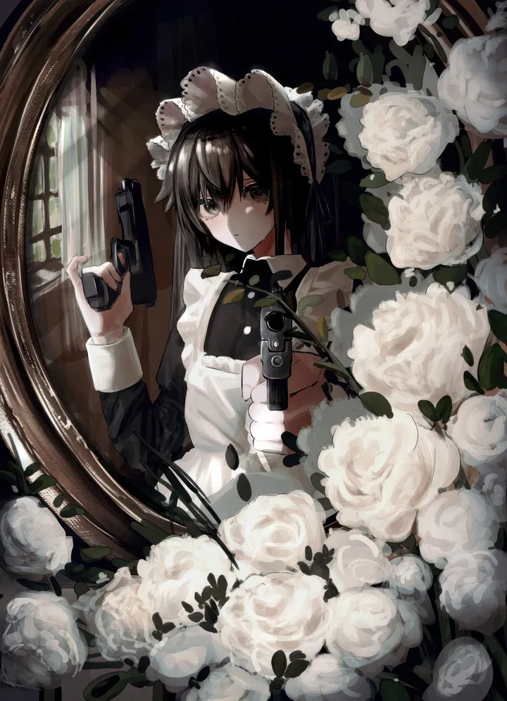 1girl,bangs,solo,closed_mouth,apron,maid,maid_apron,maid_headdress,indoors,hair_between_eyes,holding_weapon,handgun,holding_gun,holding,gun,weapon,rose,white_apron,white_rose,white_flower,looking_at_viewer,window,vertical,dress,long_hair,long_sleeves,flower,black_hair,black_eyes,black_dress