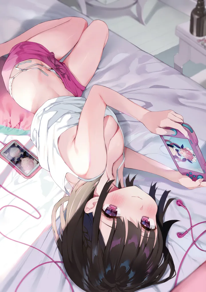 1girl,braid,medium_breasts,breasts,cleavage,nintendo_switch,on_side,side-tie_panties,upside-down,underwear,panties,bangs,solo,closed_mouth,on_bed,thighs,camisole,indoors,phone,holding,sleeveless,tank_top,sleeveless_shirt,smartphone,earphones,bottle,white_panties,white_shirt,looking_at_viewer,short_hair,shorts,cellphone,vertical,smile,pink_eyes,pink_shorts,short_shorts,purple_eyes,blush,shirt,bare_arms,lying,bare_shoulders,black_hair