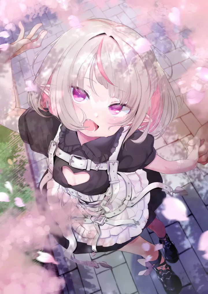 1girl,virtual_youtuber,medium_hair,solo_focus,two-tone_hair,apron,multicolored_hair,pointy_ears,open_mouth,outdoors,streaked_hair,cherry_blossoms,grey_hair,holding_hands,looking_at_viewer,short_hair,short_sleeves,vertical,smile,pink_hair,purple_eyes,blush,petals,fang,clothing_cutout,dress,cleavage_cutout,black_dress,black_footwear