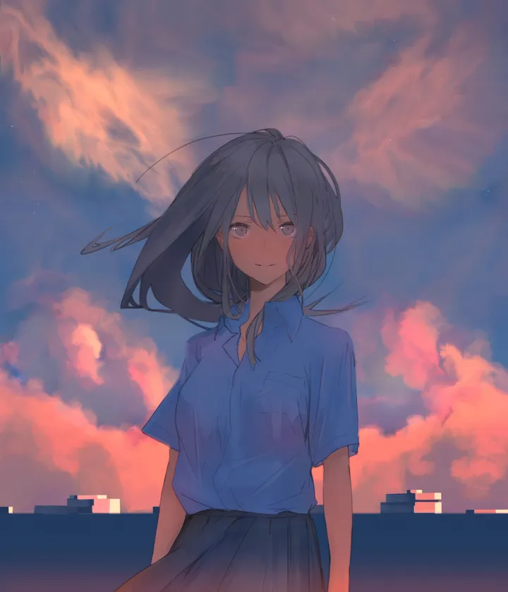 1girl,cloud,solo,closed_mouth,sky,outdoors,sunset,collared_shirt,school_uniform,grey_hair,grey_eyes,pleated_skirt,looking_at_viewer,short_sleeves,skirt,vertical,smile,shirt,long_hair,wind