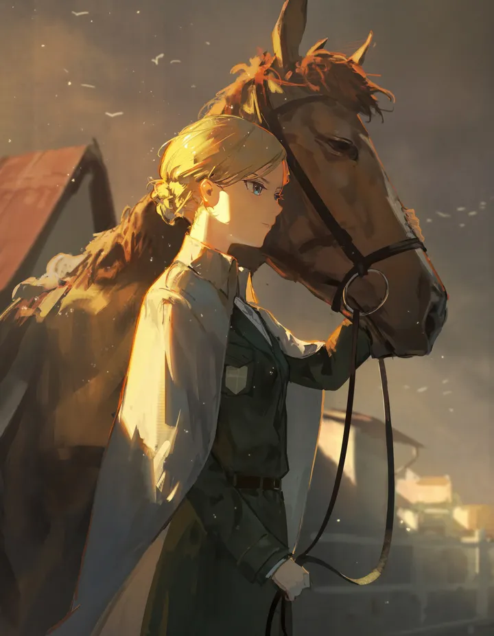 1girl,braid,from_side,military,military_uniform,uniform,animal,solo,single_hair_bun,closed_mouth,hair_bun,jacket,outdoors,cape,holding,collared_shirt,belt,vertical,blue_eyes,shirt,blonde_hair,long_sleeves,horse,bird