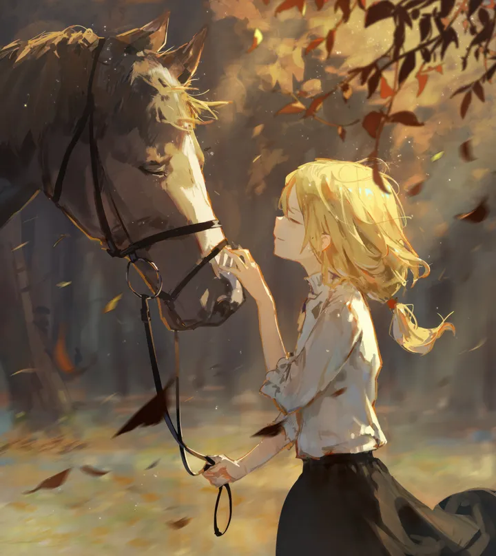 1girl,from_side,animal,solo,sleeves_rolled_up,closed_eyes,leaf,closed_mouth,nature,outdoors,white_shirt,skirt,vertical,smile,shirt,blonde_hair,long_hair,wind,horse,black_skirt