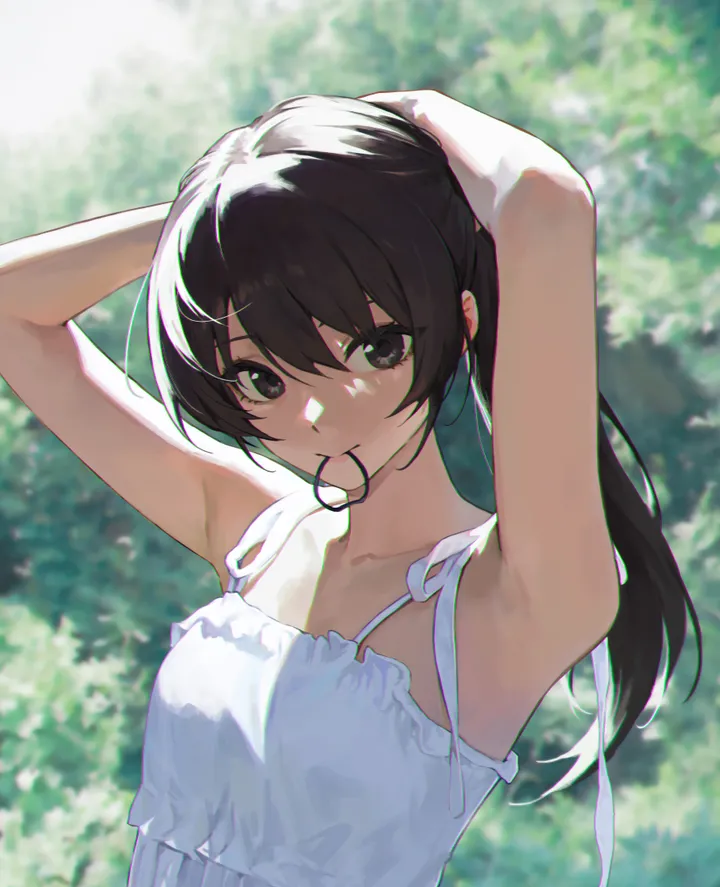 1girl,arms_up,breasts,upper_body,bangs,solo,sundress,hair_ornament,hair_tie,hair_tie_in_mouth,hair_between_eyes,outdoors,tying_hair,adjusting_hair,sleeveless,sleeveless_dress,blurry,blurry_background,mouth_hold,white_dress,looking_at_viewer,vertical,armpits,dress,collarbone,long_hair,bare_shoulders,ponytail,black_hair,black_eyes