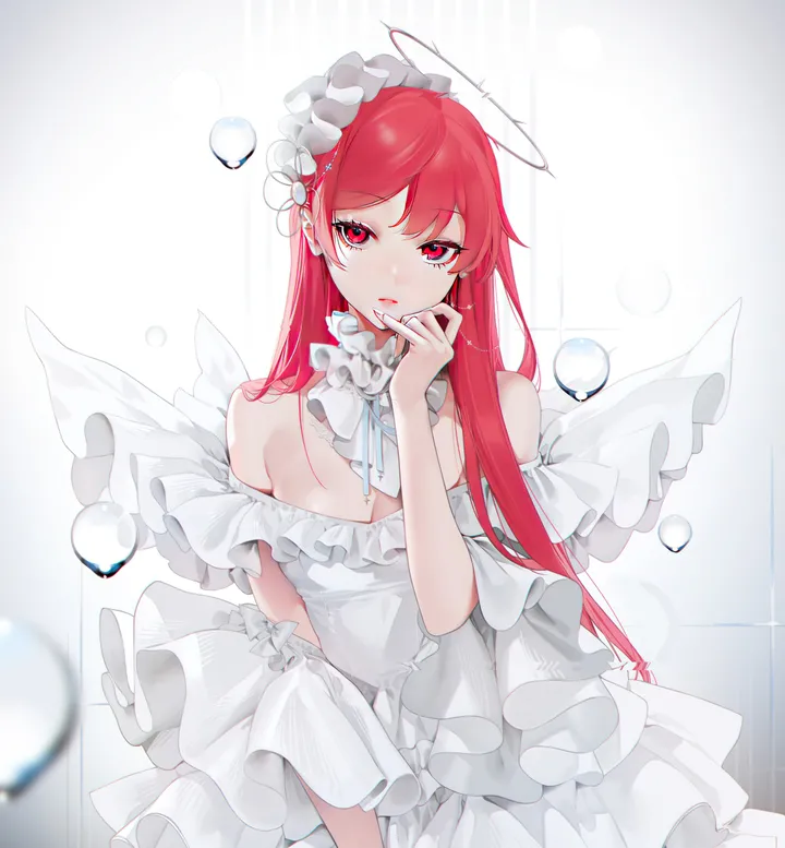 1girl,medium_breasts,breasts,cleavage,upper_body,bangs,solo,lipstick,closed_mouth,halo,makeup,hand_up,holding,simple_background,bubble,white_background,white_dress,looking_at_viewer,vertical,red_hair,red_eyes,wings,frills,frilled_dress,dress,long_hair,bare_shoulders,off_shoulder,off-shoulder_dress,detached_collar