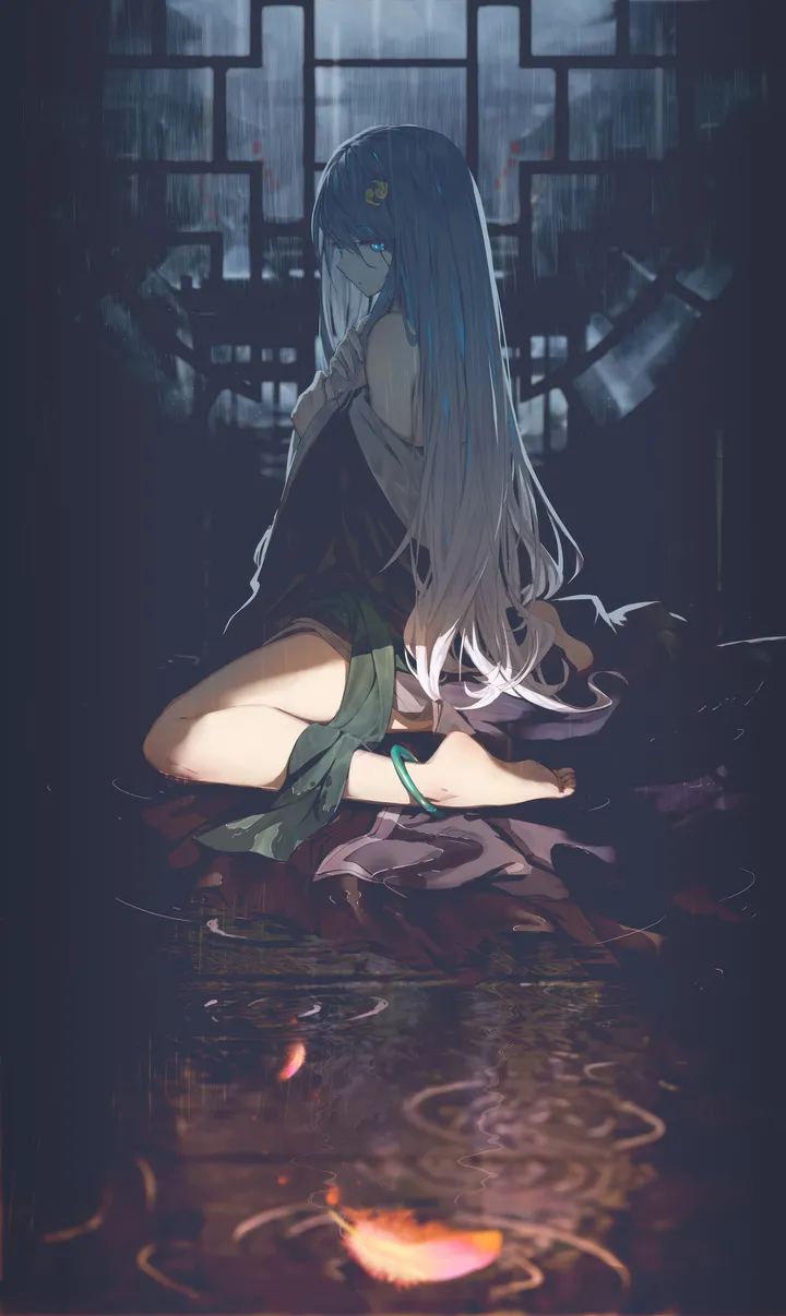 1girl,from_side,full_body,bangs,solo,reflection,closed_mouth,round_window,sitting,hair_ornament,indoors,very_long_hair,japanese_clothes,crescent,water,ripples,jewelry,looking_at_viewer,window,vertical,anklet,blue_hair,blue_eyes,barefoot,long_hair,rain,bare_shoulders,off_shoulder,wariza