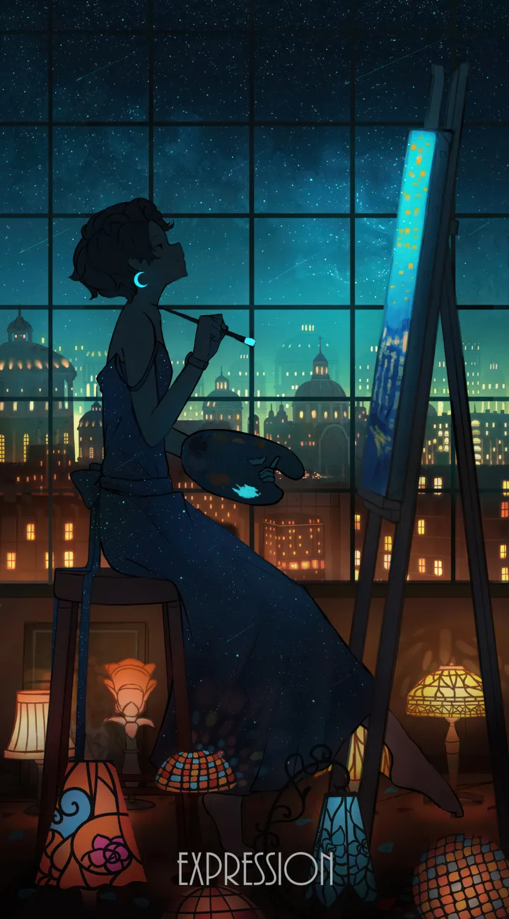 1girl,profile,solo,sitting,night,night_sky,sky,indoors,building,star_sky,starry_sky,painting_action,jewelry,canvas_object,easel,art_brush,short_hair,window,vertical,paintbrush,earrings,barefoot,palette_object,dress,paint