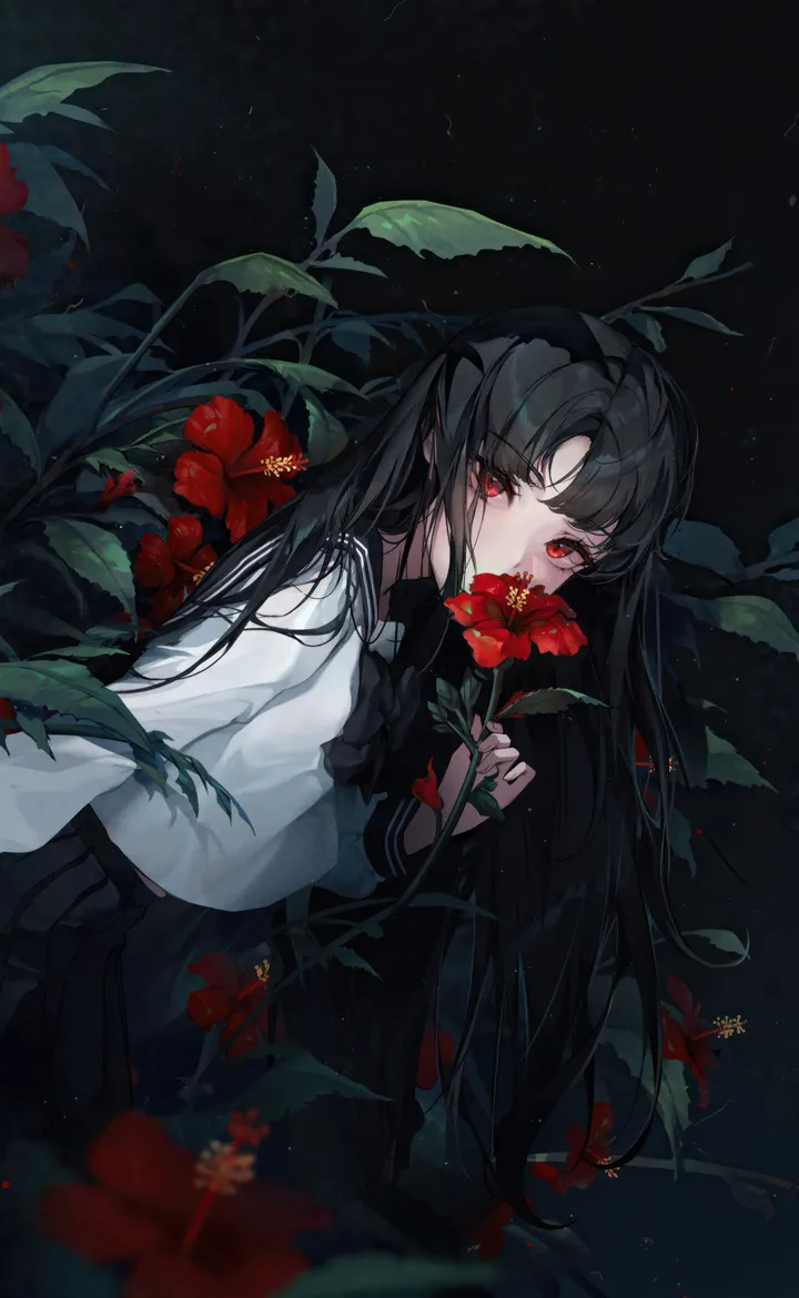 1girl,parted_bangs,bangs,solo,night,outdoors,holding,holding_flower,school_uniform,serafuku,sailor_collar,white_shirt,pleated_skirt,looking_at_viewer,skirt,vertical,red_eyes,red_flower,covered_mouth,bow,shirt,leaning_forward,long_hair,long_sleeves,bowtie,flower,black_hair,black_sailor_collar,black_skirt,black_bow