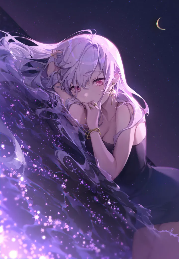 1girl,medium_breasts,breasts,cleavage,on_side,bangs,solo,night,night_sky,sky,very_long_hair,ring,bracelet,crescent_moon,strapless,strapless_dress,star_sky,starry_sky,moon,crescent,water,jewelry,white_hair,looking_at_viewer,vertical,pink_eyes,purple_eyes,earrings,bare_arms,lying,dress,collarbone,long_hair,bare_shoulders,black_dress