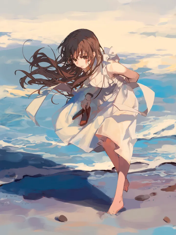 1girl,breasts,full_body,bangs,solo,closed_mouth,outdoors,holding,holding_shoes,sleeveless,sleeveless_dress,brown_hair,brown_eyes,water,ocean,beach,white_dress,looking_at_viewer,vertical,standing,shoes_removed,barefoot,dress,long_hair,shoes,floating_hair