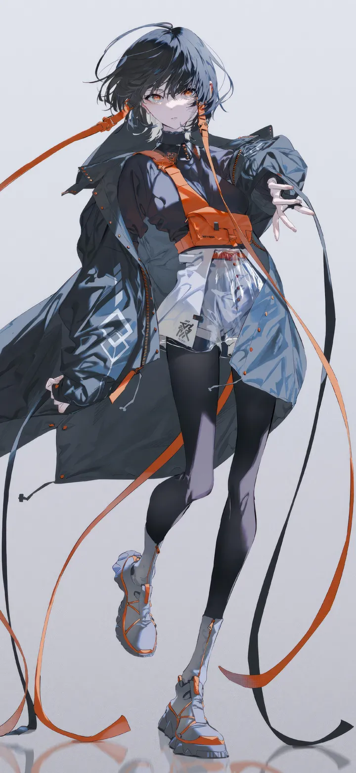 1girl,full_body,bangs,solo,closed_mouth,coat,jacket,simple_background,orange_nails,orange_eyes,grey_background,grey_footwear,jewelry,looking_at_viewer,short_hair,shorts,vertical,standing,earrings,shirt,pantyhose,long_sleeves,boots,black_hair,black_pantyhose