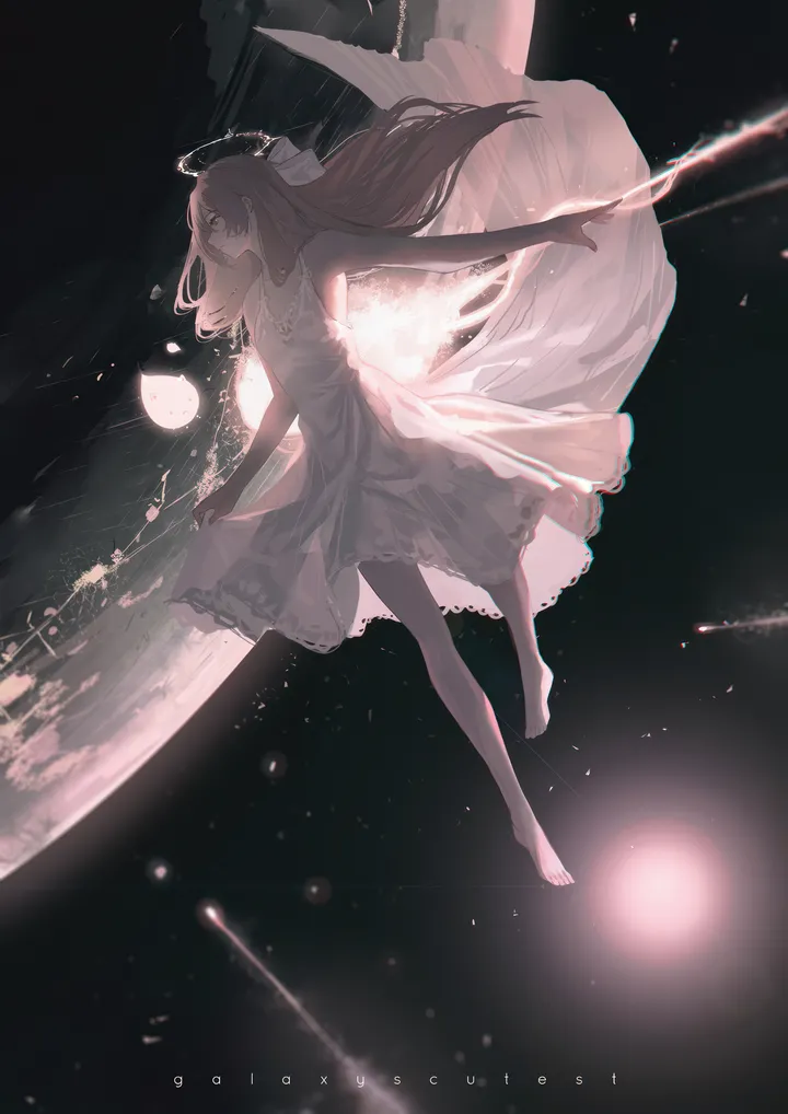 1girl,full_body,solo,earth_planet,halo,space,skirt_hold,sleeveless,sleeveless_dress,star_sky,brown_hair,white_dress,vertical,planet,bare_arms,barefoot,dress,backlighting,long_hair,see-through_silhouette,bare_shoulders