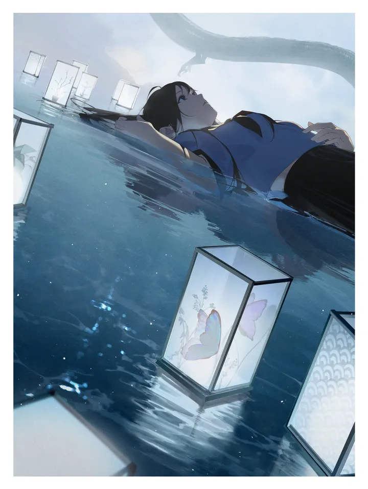 1girl,breasts,on_back,bangs,animal,solo,reflection,parted_lips,hand_on_own_stomach,paper_lantern,water,afloat,lantern,short_sleeves,skirt,vertical,blue_eyes,blue_shirt,bug,snake,butterfly,shirt,lying,partially_submerged,long_hair,black_hair,black_skirt