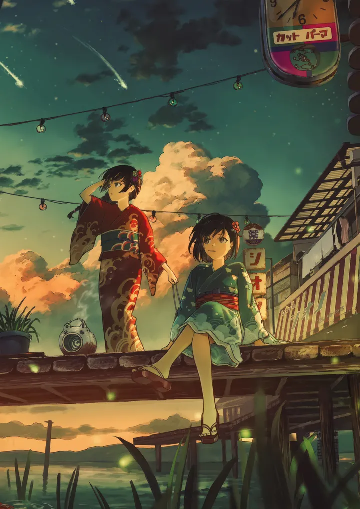 2girls,east_asian_architecture,cloud,sandals,kimono,obi,sitting,multiple_girls,night,night_sky,sky,hair_flower,hair_ornament,outdoors,paper_lantern,japanese_clothes,sash,star_sky,starry_sky,plant,water,shooting_star,yukata,lantern,smoke,short_hair,vertical,smile,red_kimono,floral_print,grass,fireflies,scenery,flower,black_hair