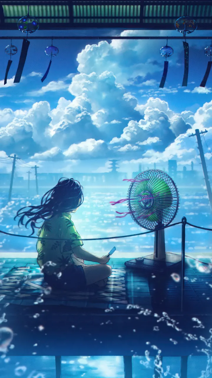 1girl,cloud,solo,sitting,summer,cloudy_sky,sky,building,outdoors,holding,water,water_drop,bubble,ocean,power_lines,electric_fan,day,short_sleeves,shorts,cumulonimbus_cloud,vertical,from_behind,blue_theme,blue_sky,shirt,long_hair,facing_away,scenery,wind_chime,floating_hair,black_hair