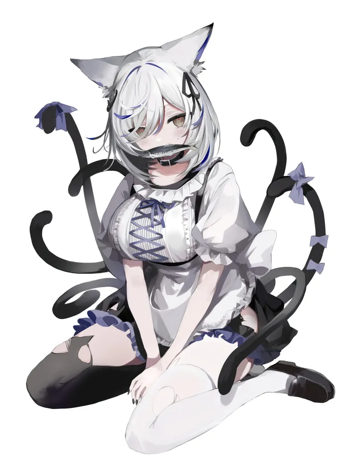 1girl,mismatched_legwear,asymmetrical_legwear,ribbon,between_legs,medium_hair,breasts,animal_ears,bangs,solo,single_thighhigh,two-tone_hair,apron,sitting,multiple_tails,multicolored_hair,hair_ribbon,hair_over_one_eye,maid,tail,tail_ornament,tail_ribbon,tail_bow,hand_between_legs,nail_polish,streaked_hair,simple_background,brown_eyes,mole_under_eye,grey_hair,cat_girl,cat_tail,cat_ears,mouth_hold,mole,white_apron,white_hair,white_background,white_shirt,white_thighhighs,looking_at_viewer,short_hair,short_sleeves,skirt,torn_clothes,torn_thighhighs,vertical,purple_ribbon,tail_raised,animal_ear_fluff,frills,frilled_apron,blue_hair,puffy_short_sleeves,puffy_sleeves,bow,shirt,large_breasts,thighhighs,eyes_visible_through_hair,shoes,choker,collar,fish,wariza,black_ribbon,black_nails,black_skirt,black_collar,black_footwear,black_choker