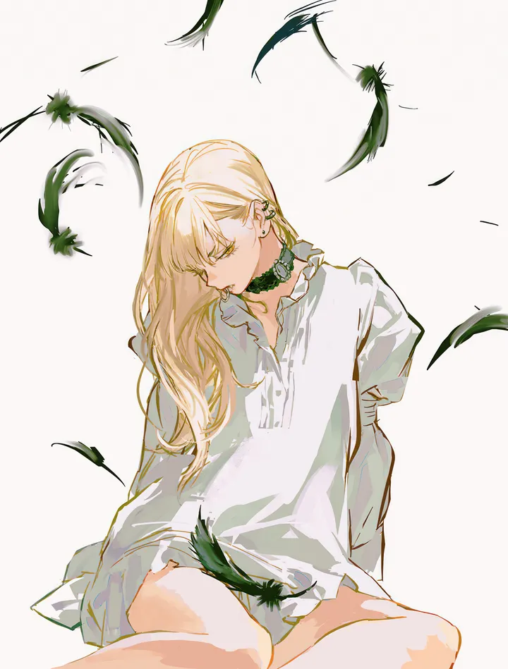 1girl,yokozuwari,solo,sitting,juliet_sleeves,simple_background,jewelry,white_background,white_dress,piercing,ear_piercing,vertical,feathers,earrings,puffy_sleeves,dress,blonde_hair,long_hair,long_sleeves,choker,collar,yellow_eyes