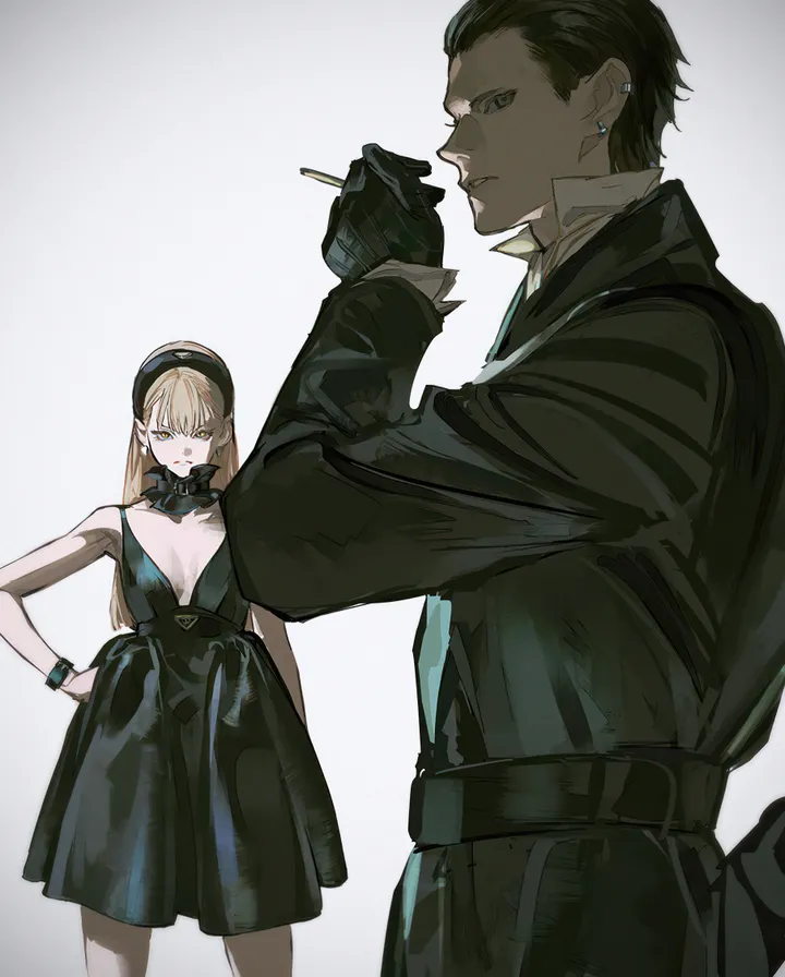 1girl,1boy,breasts,cleavage,bangs,hand_on_hip,hairband,smoking,coat,jacket,parted_lips,holding_cigarette,gloves,holding,sleeveless_dress,simple_background,formal,jewelry,white_background,belt,looking_at_viewer,short_hair,vertical,standing,earrings,hair_slicked_back,shirt,dress,blonde_hair,long_hair,long_sleeves,cigarette,black_coat,black_hair,black_gloves,black_eyes,black_dress