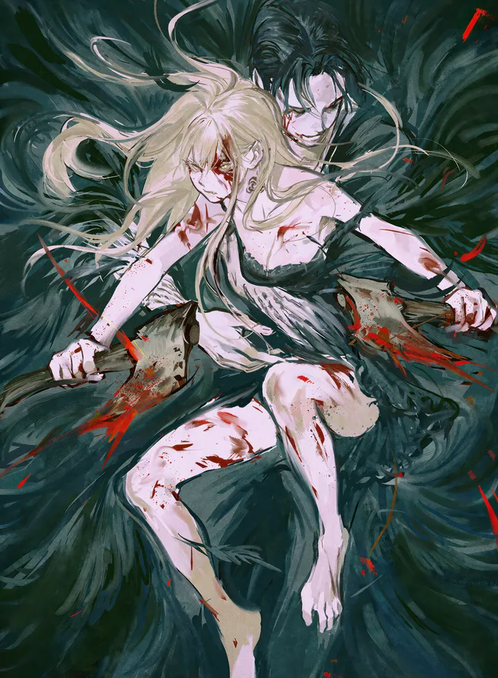 1girl,1boy,breasts,cleavage,bleeding,scratches,sword,injury,blood_on_hands,holding_sword,holding_weapon,blood_on_arm,holding,holding_axe,axe,weapon,blood_on_weapon,torn_clothes,vertical,smile,blood_on_face,blood,blood_on_clothes,strap_slip,barefoot,dress,blonde_hair,long_hair,bare_shoulders,black_hair,black_dress