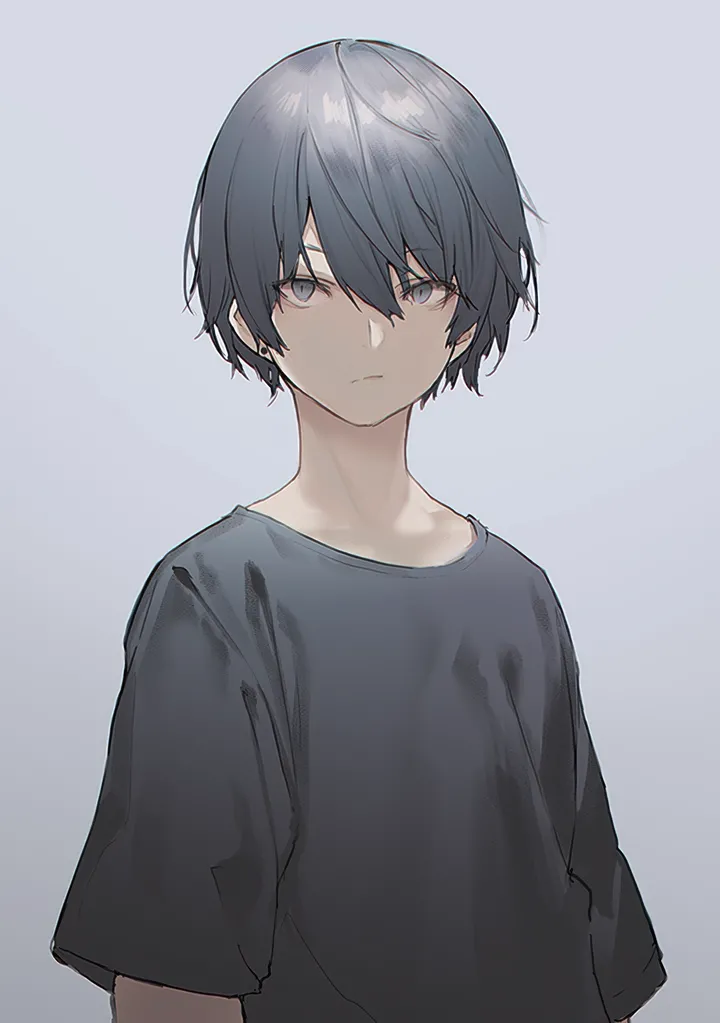 1boy,upper_body,solo,closed_mouth,hair_between_eyes,simple_background,grey_eyes,white_background,looking_at_viewer,short_hair,short_sleeves,vertical,blue_theme,shirt,black_hair,black_shirt