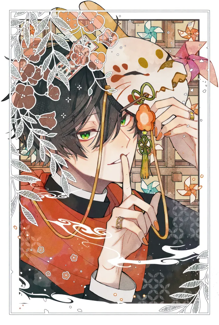 1boy,upper_body,solo,scarf,hair_between_eyes,ring,finger_to_mouth,holding,holding_mask,mask_removed,school_uniform,fox_mask,jewelry,male_focus,looking_at_viewer,short_hair,vertical,smile,red_scarf,green_eyes,bishounen,outside_border,border,mask,flower,black_hair