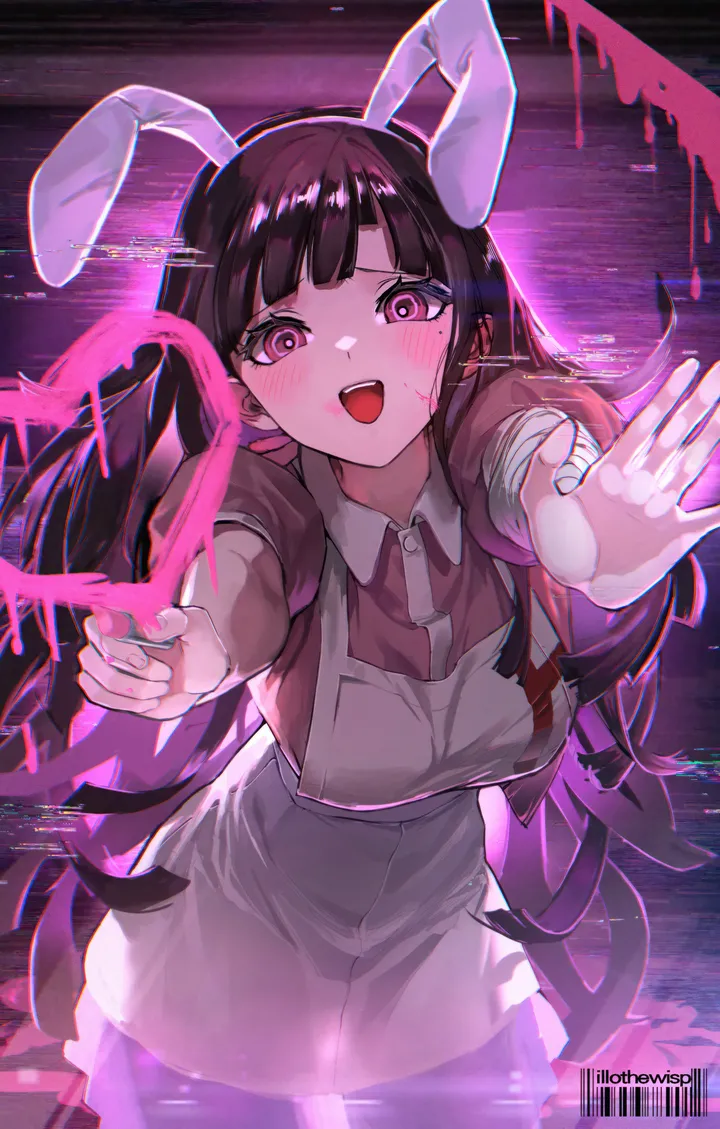 1girl,cowboy_shot,breasts,upper_teeth_only,shiny,rabbit_ears,animal_ears,bangs,fake_animal_ears,solo,apron,open_mouth,shiny_hair,collared_shirt,mole_under_eye,teeth,mole,white_apron,looking_at_viewer,short_sleeves,skirt,vertical,smile,pink_eyes,pink_blood,pink_shirt,bandages,bandaged_arm,blush,puffy_short_sleeves,puffy_sleeves,blood,shirt,large_breasts,long_hair,black_hair