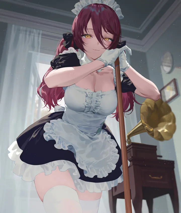 1girl,cowboy_shot,breasts,cleavage,bangs,solo,twintails,closed_mouth,apron,maid,maid_apron,maid_headdress,indoors,hair_between_eyes,gloves,white_gloves,white_thighhighs,looking_at_viewer,short_sleeves,window,curtains,vertical,smile,red_hair,blush,frills,puffy_sleeves,large_breasts,thighhighs,dress,long_hair,detached_collar,yellow_eyes