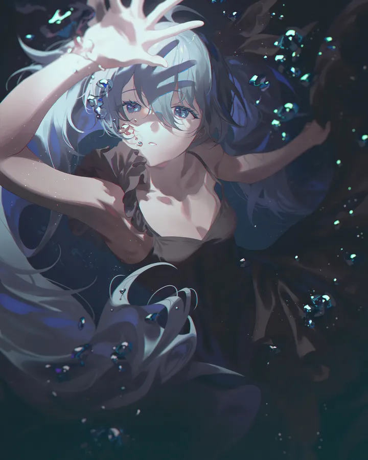 1girl,medium_breasts,arm_up,breasts,cleavage,bangs,solo,twintails,hair_between_eyes,very_long_hair,parted_lips,sleeveless,sleeveless_dress,air_bubble,underwater,bubble,looking_at_viewer,vertical,armpits,blue_hair,blue_eyes,bare_arms,small_breasts,dress,collarbone,long_hair,floating_hair,black_dress