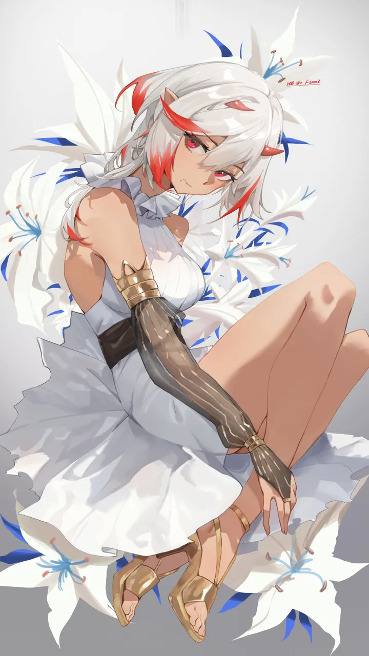 1girl,medium_breasts,breasts,full_body,sandals,bangs,solo,two-tone_hair,closed_mouth,sitting,multicolored_hair,pointy_ears,bridal_gauntlets,hair_between_eyes,gloves,streaked_hair,sleeveless,sleeveless_dress,dark_skin,white_hair,white_flower,white_dress,looking_at_viewer,vertical,smile,red_hair,red_eyes,horns,dress,elbow_gloves,bare_shoulders,high_heels,flower,dark-skinned_female