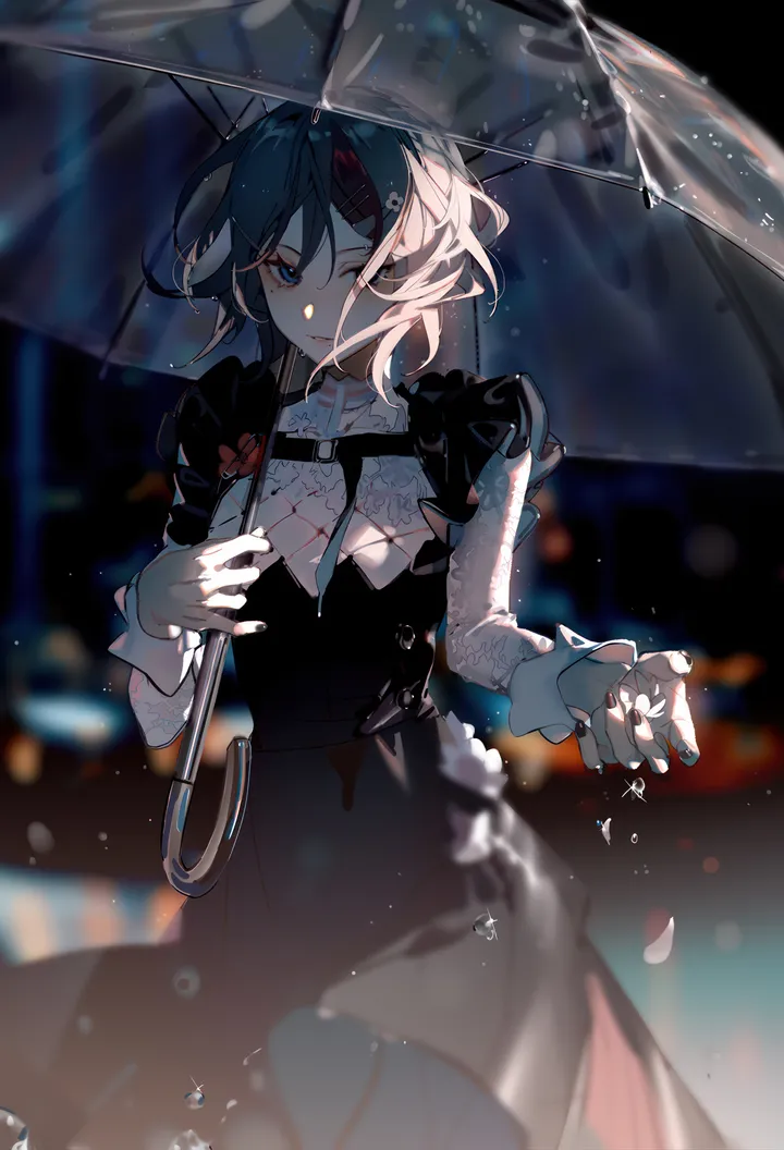 1girl,cowboy_shot,breasts,bangs,see-through,solo,holding,holding_umbrella,depth_of_field,blurry,blurry_background,water_drop,looking_at_viewer,short_hair,vertical,blue_eyes,dress,transparent,transparent_umbrella,long_sleeves,rain,umbrella,flower,black_hair,black_dress