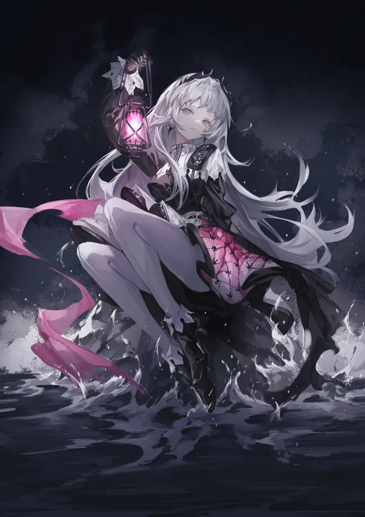 1girl,scar,full_body,solo,closed_mouth,sitting,head_wings,jacket,capelet,very_long_hair,gloves,holding_lantern,holding,weapon,water,waves,lantern,grey_hair,grey_eyes,jewelry,white_capelet,white_skirt,white_pantyhose,looking_at_viewer,scar_across_eye,skirt,ankle_boots,vertical,purple_skirt,earrings,scar_on_face,puffy_long_sleeves,pantyhose,long_hair,long_sleeves,boots,black_jacket,black_gloves,black_dress,black_footwear