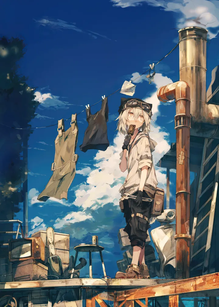 1boy,cloud,solo,laundry,sky,goggles_on_head,outdoors,gloves,hand_in_pocket,goggles,holding,clothesline,male_focus,day,white_hair,vertical,standing,red_eyes,blue_sky,pants