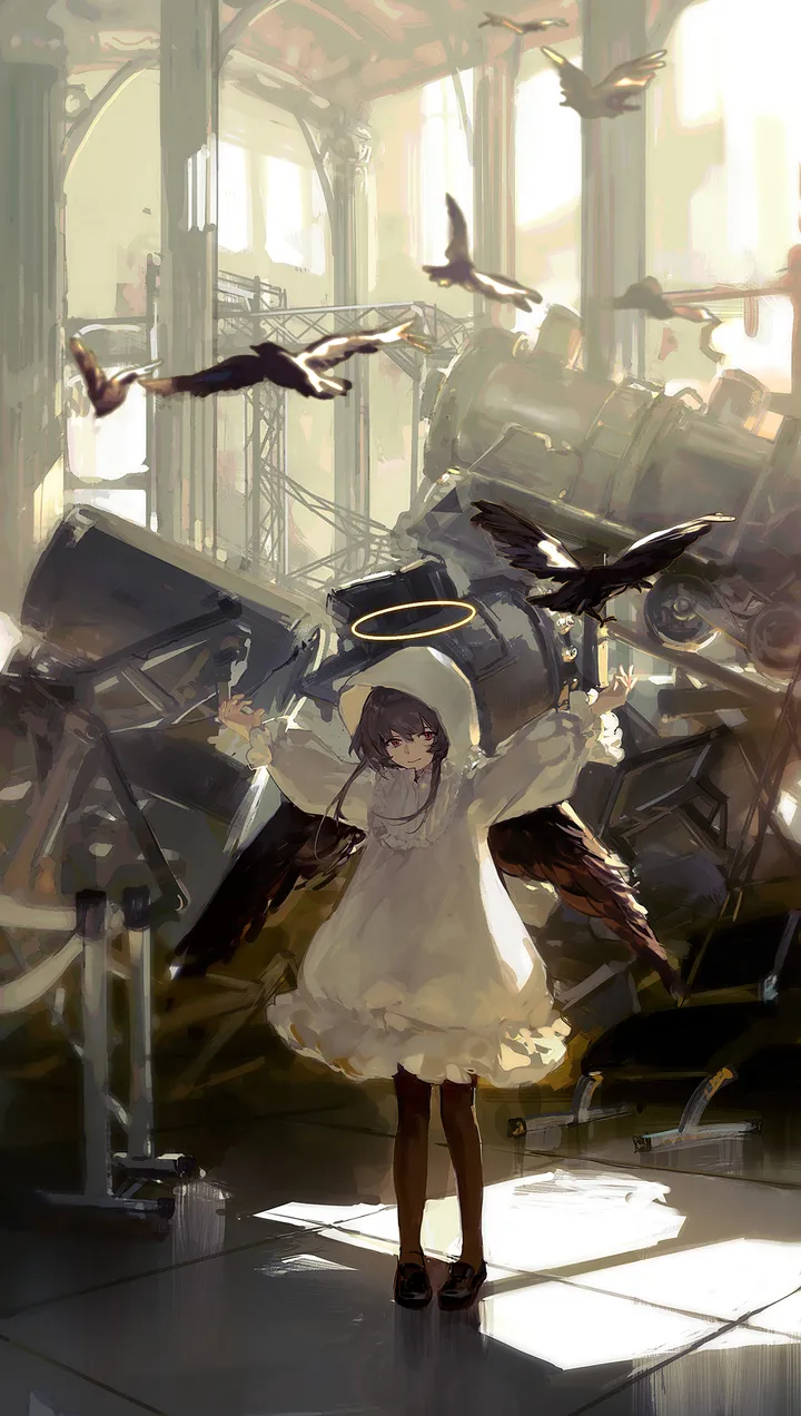 1girl,arms_up,crow,hood,bangs,animal,solo,closed_mouth,angel,halo,indoors,hood_up,holding,chair,weapon,white_dress,looking_at_viewer,window,vertical,standing,red_eyes,feathered_wings,wings,dress,pantyhose,backlighting,long_hair,long_sleeves,sunlight,shoes,bird,black_hair,black_wings,black_pantyhose,black_footwear