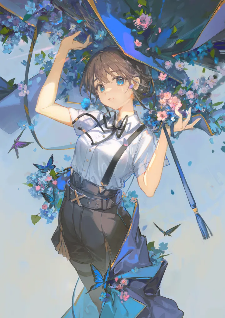 1girl,ribbon,bangs,solo,witch_hat,hat,hair_between_eyes,parted_lips,collared_shirt,brown_hair,white_shirt,looking_at_viewer,short_hair,short_sleeves,skirt,shorts,vertical,suspenders,blue_eyes,bug,butterfly,shirt,pantyhose,neck_ribbon,flower,black_ribbon,black_shorts