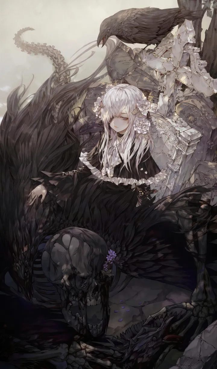 1girl,crow,solo,tombstone,hair_flower,hair_ornament,hair_over_one_eye,capelet,white_hair,vertical,dress,long_hair,skeleton,skull,flower,bird,black_dress