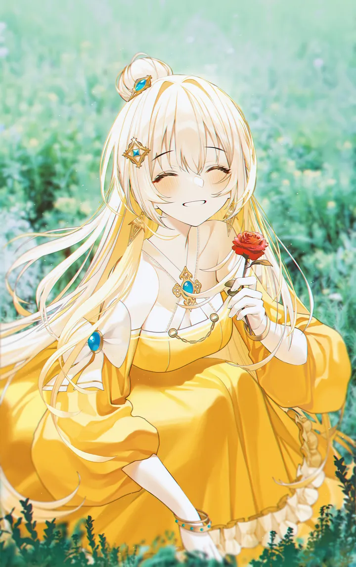 1girl,virtual_youtuber,breasts,cleavage,bangs,solo,closed_eyes,hair_bun,hair_ornament,gem,very_long_hair,outdoors,bracelet,holding,holding_flower,blurry,blurry_background,rose,jewelry,vertical,smile,red_rose,red_flower,halterneck,earrings,blush,puffy_sleeves,bow,squatting,dress,blonde_hair,collarbone,long_hair,bare_shoulders,grin,facing_viewer,flower,yellow_dress