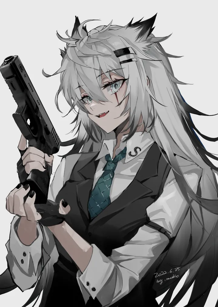 1girl,upper_body,scar,animal_ears,bangs,solo,hairclip,hair_ornament,hair_between_eyes,open_mouth,gloves,holding_weapon,handgun,holding_gun,holding,nail_polish,fingerless_gloves,dated,collared_shirt,simple_background,gun,weapon,grey_hair,grey_eyes,teeth,wolf_girl,wolf_ears,white_background,white_shirt,looking_at_viewer,scar_across_eye,alternate_costume,vertical,vest,scar_on_face,shirt,long_hair,long_sleeves,necktie,sharp_teeth,black_gloves,black_nails,black_vest