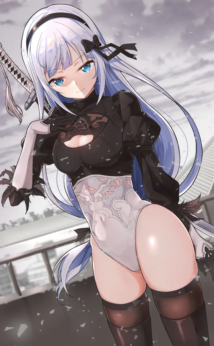 1girl,cowboy_shot,medium_breasts,breasts,cleavage,cloud,bangs,sword,solo,hairband,closed_mouth,thighs,sky,very_long_hair,outdoors,gloves,holding_weapon,cosplay,holding,katana,juliet_sleeves,weapon,grey_hair,white_hair,white_leotard,looking_at_viewer,vertical,leotard,feather-trimmed_sleeves,weapon_on_back,blue_eyes,puffy_sleeves,bow,hair_bow,clothing_cutout,thighhighs,thighhighs_under_boots,long_hair,long_sleeves,boots,covered_navel,cleavage_cutout,thigh_boots,highleg,highleg_leotard,black_hairband,black_thighhighs