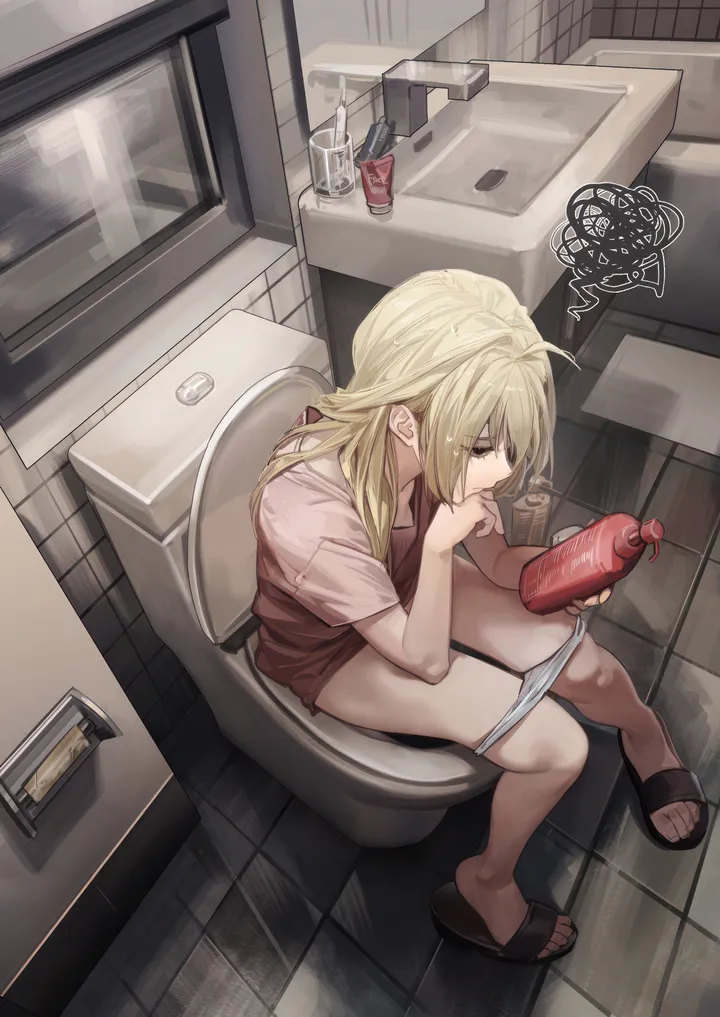 1girl,toilet_use,from_above,underwear,panties,sandals,solo,toilet_paper,ahoge,sitting,toilet,indoors,slippers,sink,bathroom,bottle,tiles,tile_floor,tile_wall,white_panties,vertical,squiggle,shirt,panty_pull,blonde_hair,long_hair