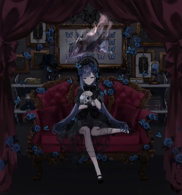 1girl,full_body,bangs,solo,closed_eyes,bonnet,gothic_lolita,closed_mouth,sitting,indoors,very_long_hair,holding_skull,holding,couch,lolita_fashion,fire,mary_janes,rose,blunt_bangs,picture_frame,short_sleeves,curtains,vertical,wrist_cuffs,blue_hair,blue_rose,blue_flower,blue_butterfly,puffy_short_sleeves,puffy_sleeves,bug,butterfly,bow,dress,long_hair,shoes,skull,flower,black_bow,black_dress,black_footwear