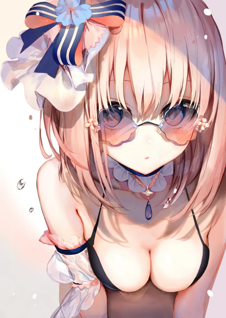 1girl,medium_breasts,breasts,cleavage,upper_body,bangs,solo,sunglasses,hair_flower,hair_ornament,hair_between_eyes,parted_lips,tinted_eyewear,simple_background,bikini,swimsuit,white_background,looking_at_viewer,vertical,blush,blue_flower,bow,hair_bow,looking_over_eyewear,bare_shoulders,flower,black_bikini